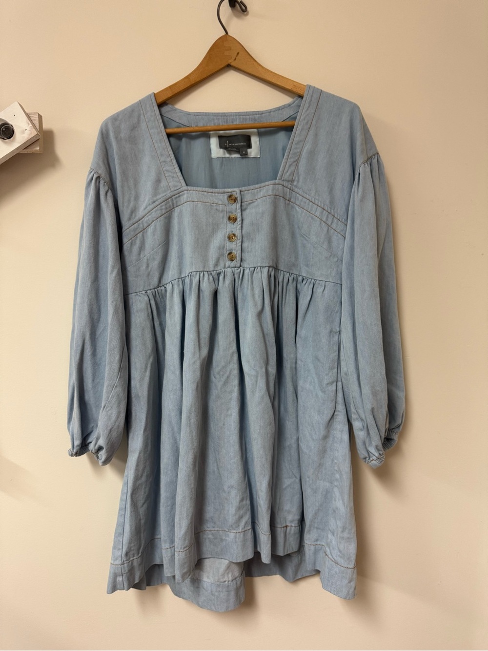 By Anthropologie Long-Sleeve Square-Neck Denim Babydoll Mini Dress - Picture 2 of 5